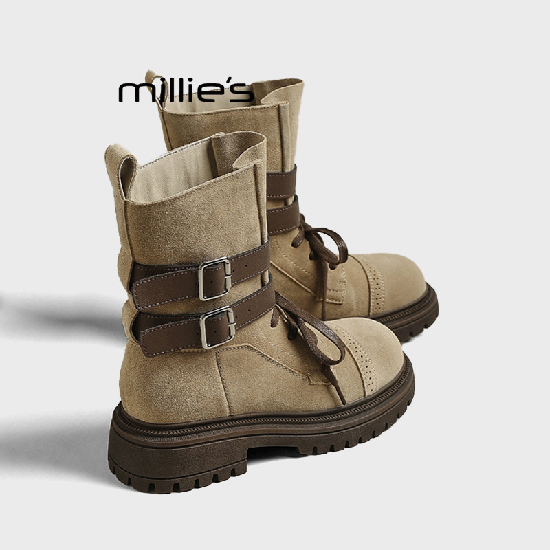 MILLIE'S/妙丽英伦风帅气复古机车靴女2025秋冬款粗跟中筒马丁靴