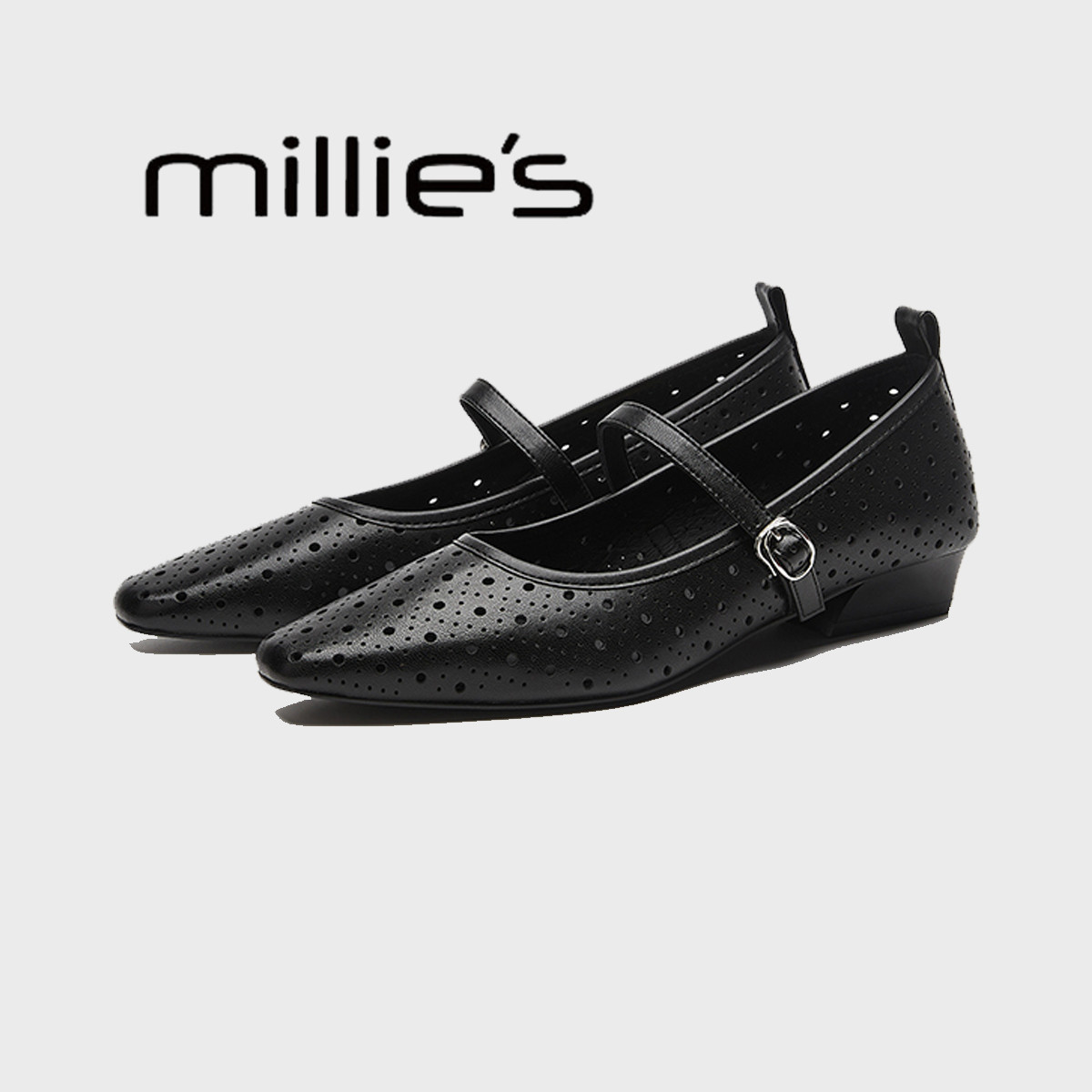 MILLIE'S/妙丽洞洞玛丽珍女2025夏新款通勤羊皮透气淑女浅口单鞋