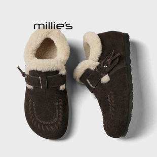 驼色棉鞋 妙丽2025新款 女加绒保暖厚底休闲鞋 毛毛勃肯鞋 MILLIE