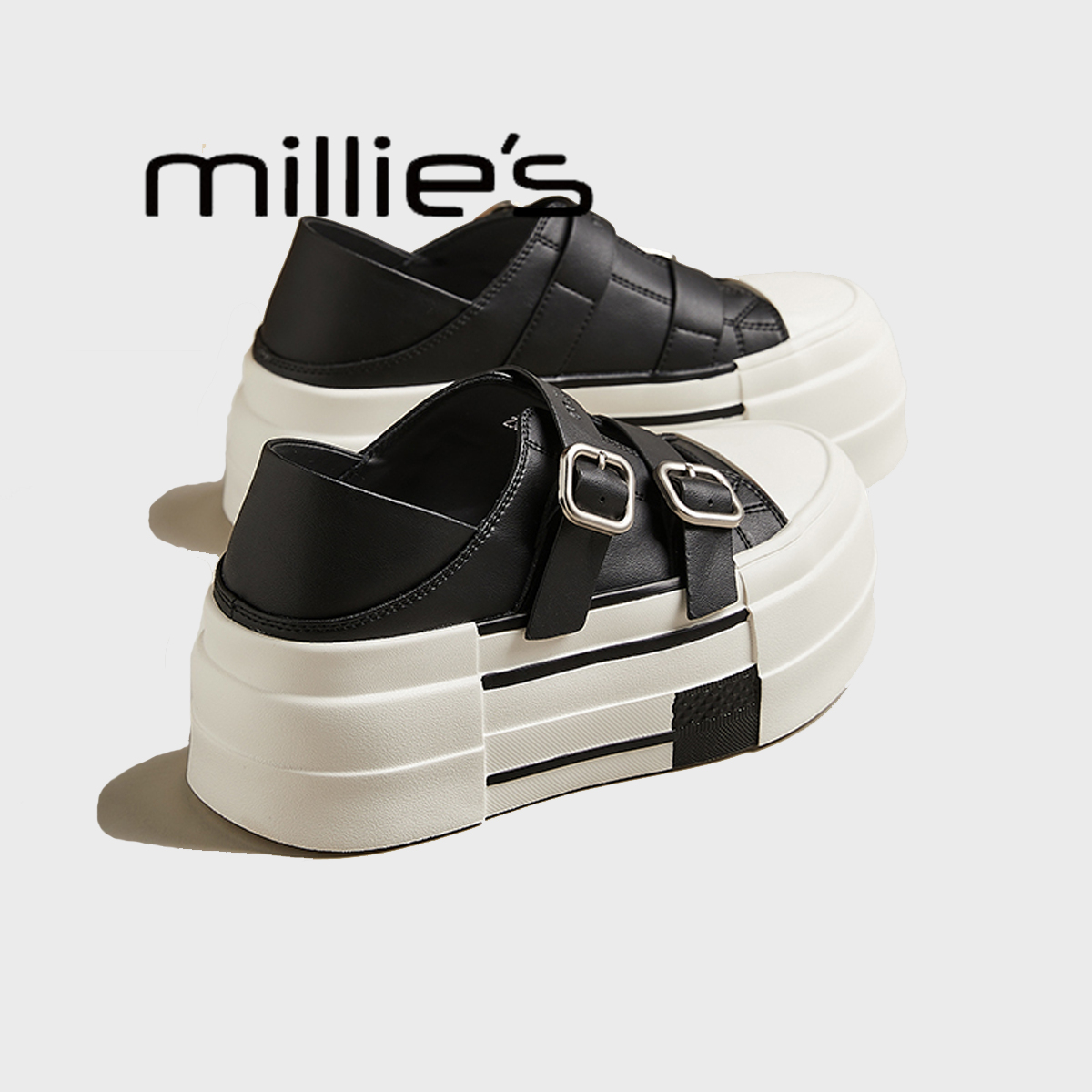 MILLIE'S/妙丽搭扣一字厚底松糕小白鞋休闲鞋板鞋面包鞋两穿女鞋