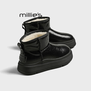 MILLIE'S/妙丽厚底雪地靴女款冬季防水皮面保暖棉鞋加绒加厚短靴Z