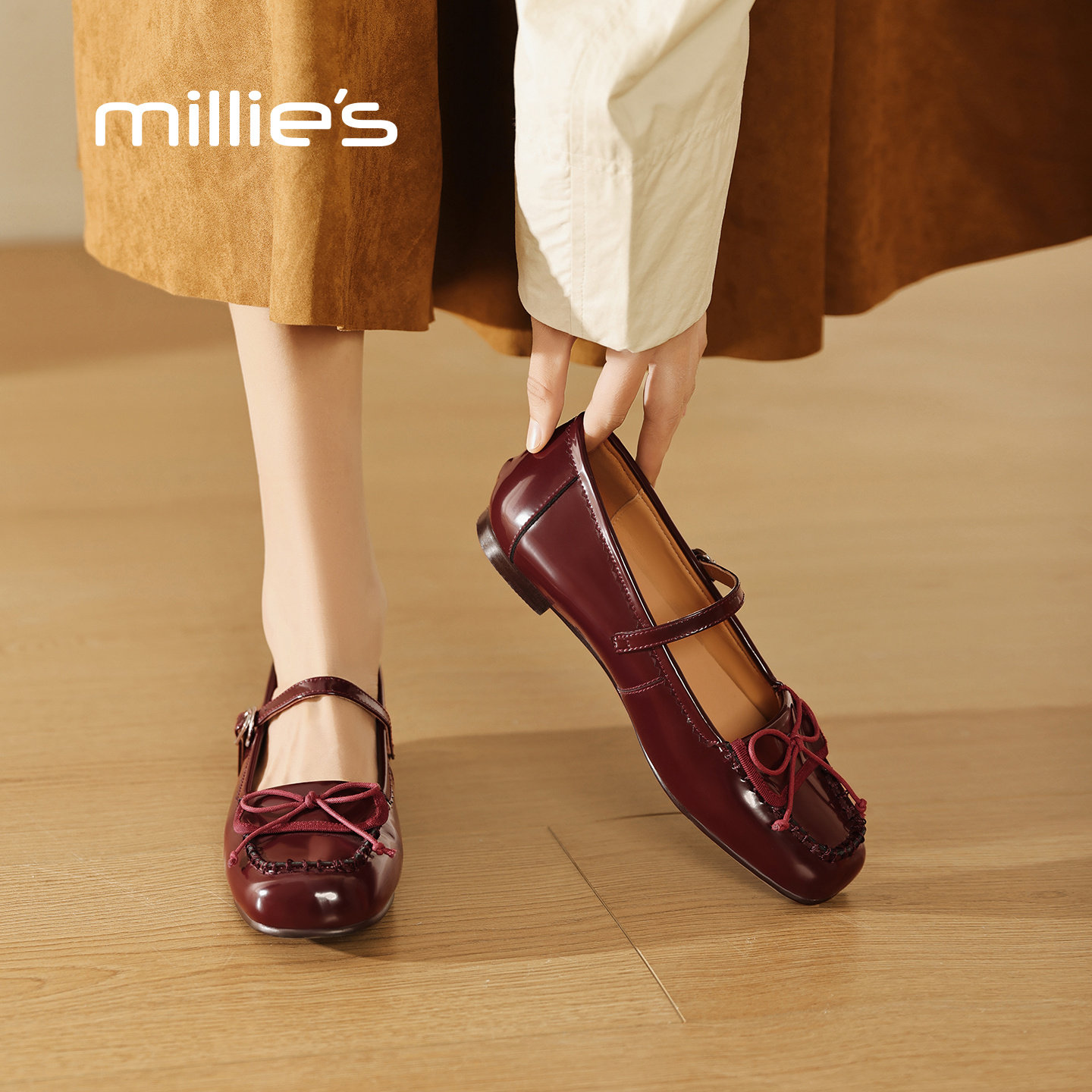 MILLIE'S/妙丽法式甜美酒红色玛丽珍鞋女2026春季平底芭蕾风单鞋Z,女鞋,时尚芭蕾鞋,淘宝优惠券,粉丝福利购,淘宝优惠卷