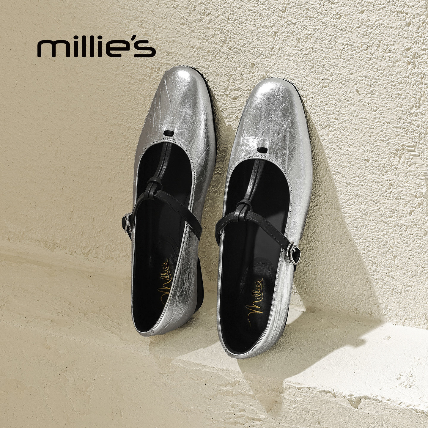 MILLIE'S/妙丽银色玛丽珍鞋女2026春季一字扣带芭蕾舞鞋平底单鞋Q,女鞋,玛丽珍鞋,淘宝优惠券,粉丝福利购,淘宝优惠卷