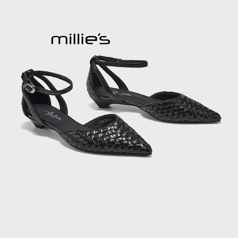 MILLIE'S/妙丽尖头高跟鞋女2026夏季新款粗跟一字带法式浅口单鞋Z