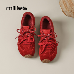 女休闲风厚底内增高轻便阿甘鞋 妙丽红色反绒皮德训鞋 MILLIE