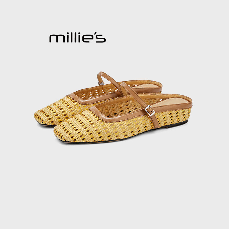 MILLIE'S/妙丽包头半拖鞋女镂空编织法式凉拖鞋2026夏外穿一字拖