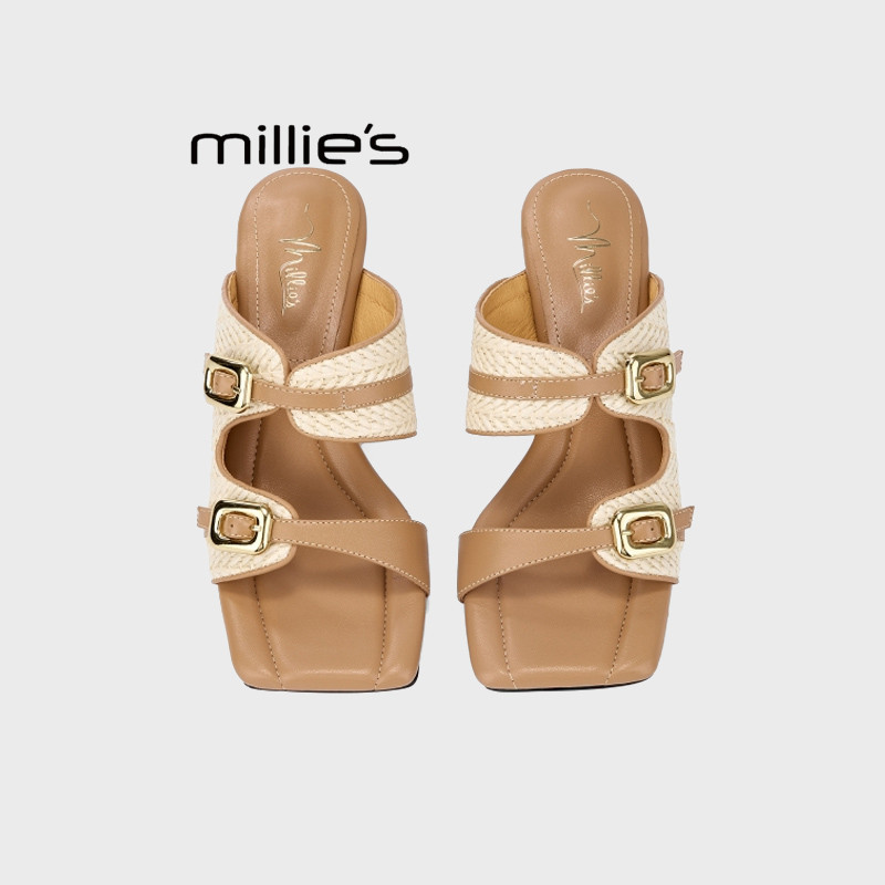 MILLIE'S/妙丽平头方跟女鞋休闲女拖鞋2026春夏季简约时尚百搭鞋