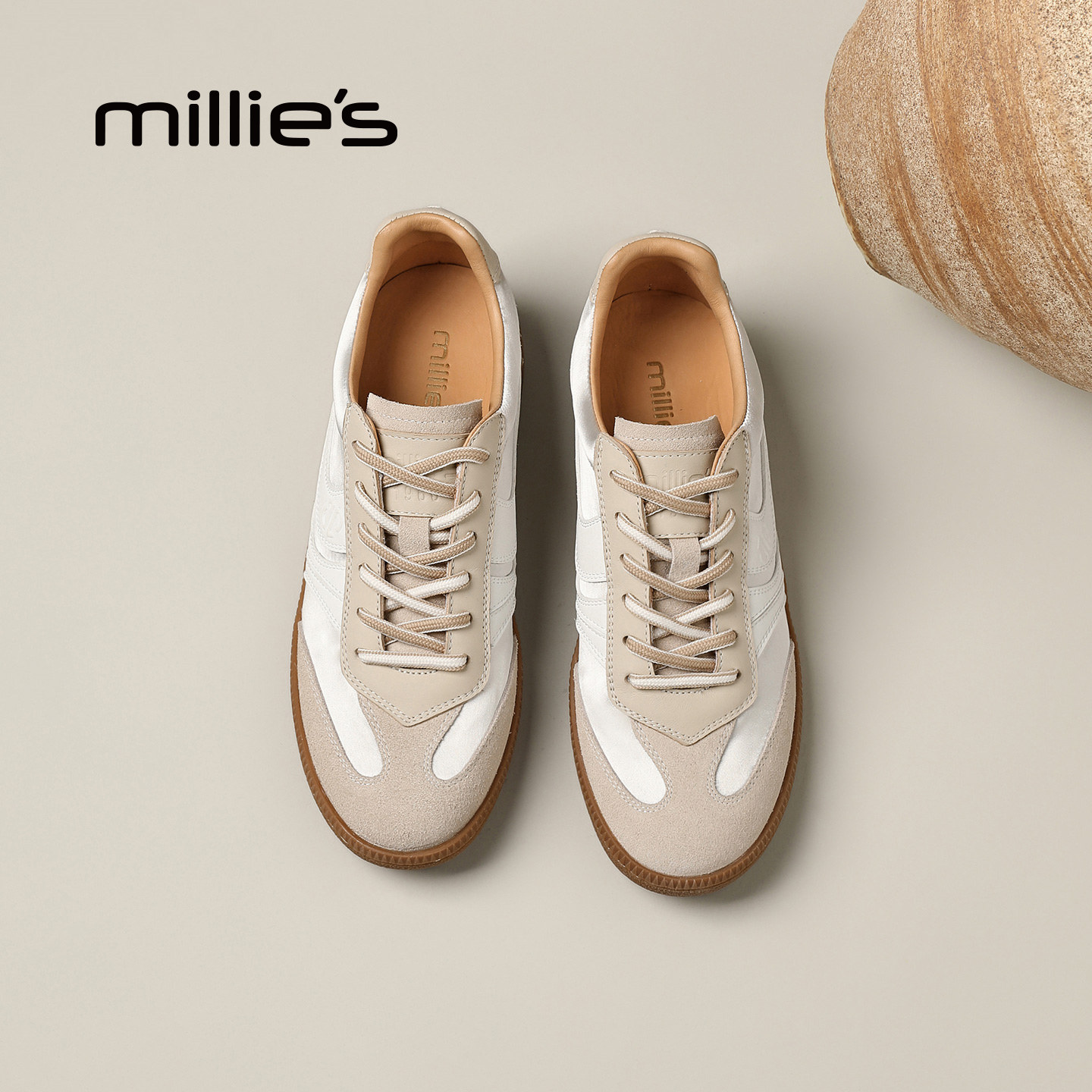 MILLIE'S/妙丽复古德训鞋女百搭系带休闲板鞋米白色厚底运动鞋Z