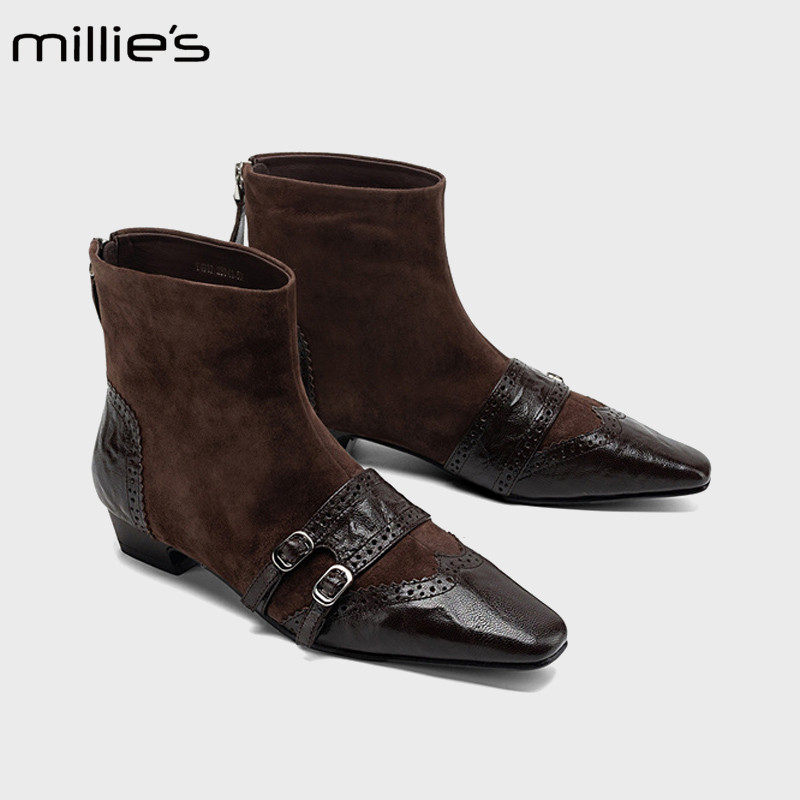 MILLIE'S/妙丽复古方头拼接袜靴
