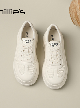 MILLIE'S/妙丽白色厚底板鞋女百搭系带休闲鞋舒适增高真皮小白鞋Z