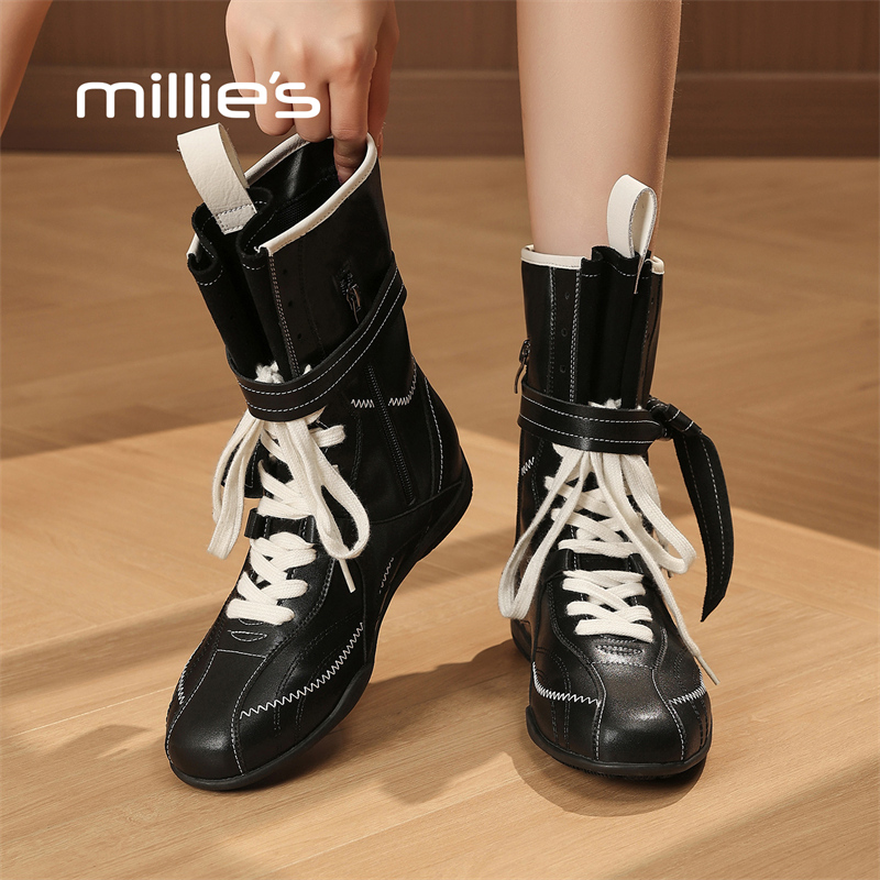 MILLIE'S/妙丽复古英伦风厚底马丁靴女款2025新款配裙子中筒靴