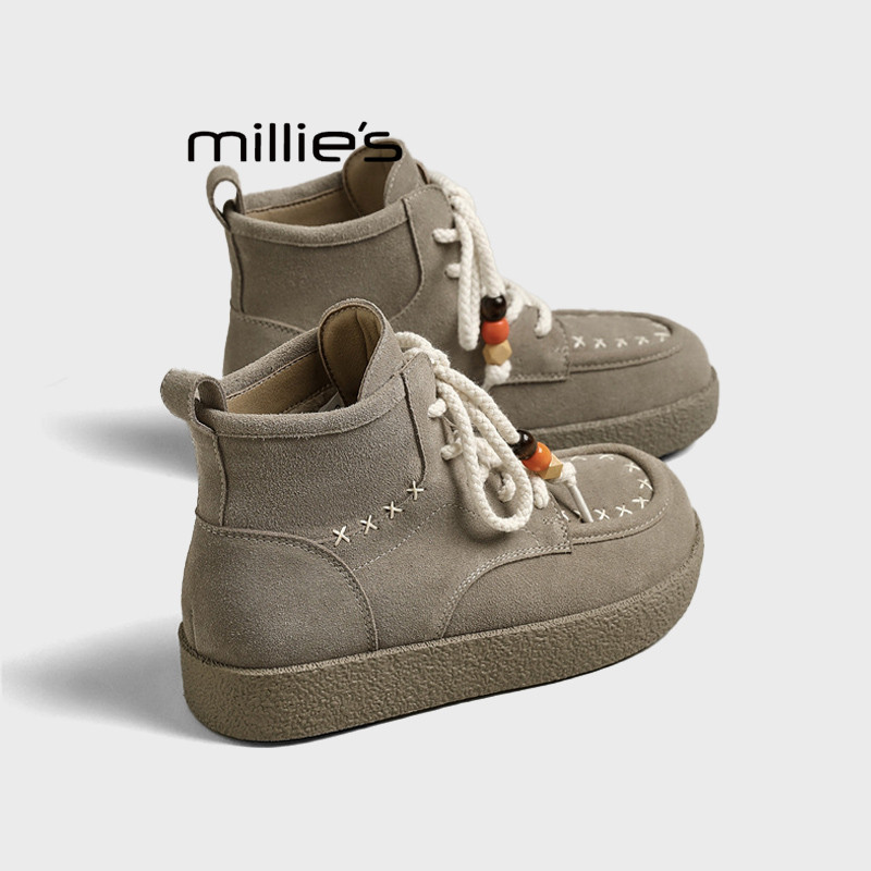 MILLIE'S/妙丽厚底马丁靴女款秋季复古百搭轻便增高串珠低帮短靴Z