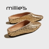 妙丽4cm新款 真皮编织包头半拖鞋 MILLIE 女夏时尚 外穿内增高凉拖