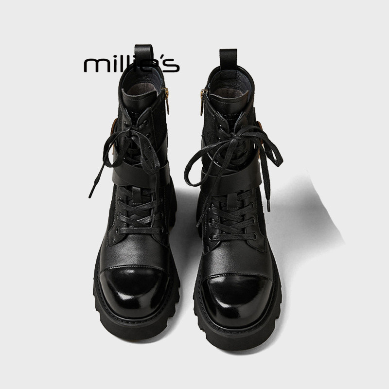 MILLIE'S/妙丽英伦风高帮马丁靴女系带厚底短靴百搭骑士靴弹力靴Z,女鞋,弹力靴/袜靴,淘宝优惠券,粉丝福利购,淘宝优惠卷