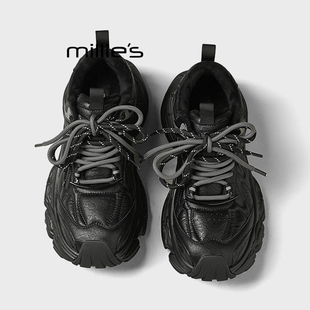 男女黑色增高炸街休闲运动鞋 MILLIE 加绒厚底老爹鞋 妙丽25冬季