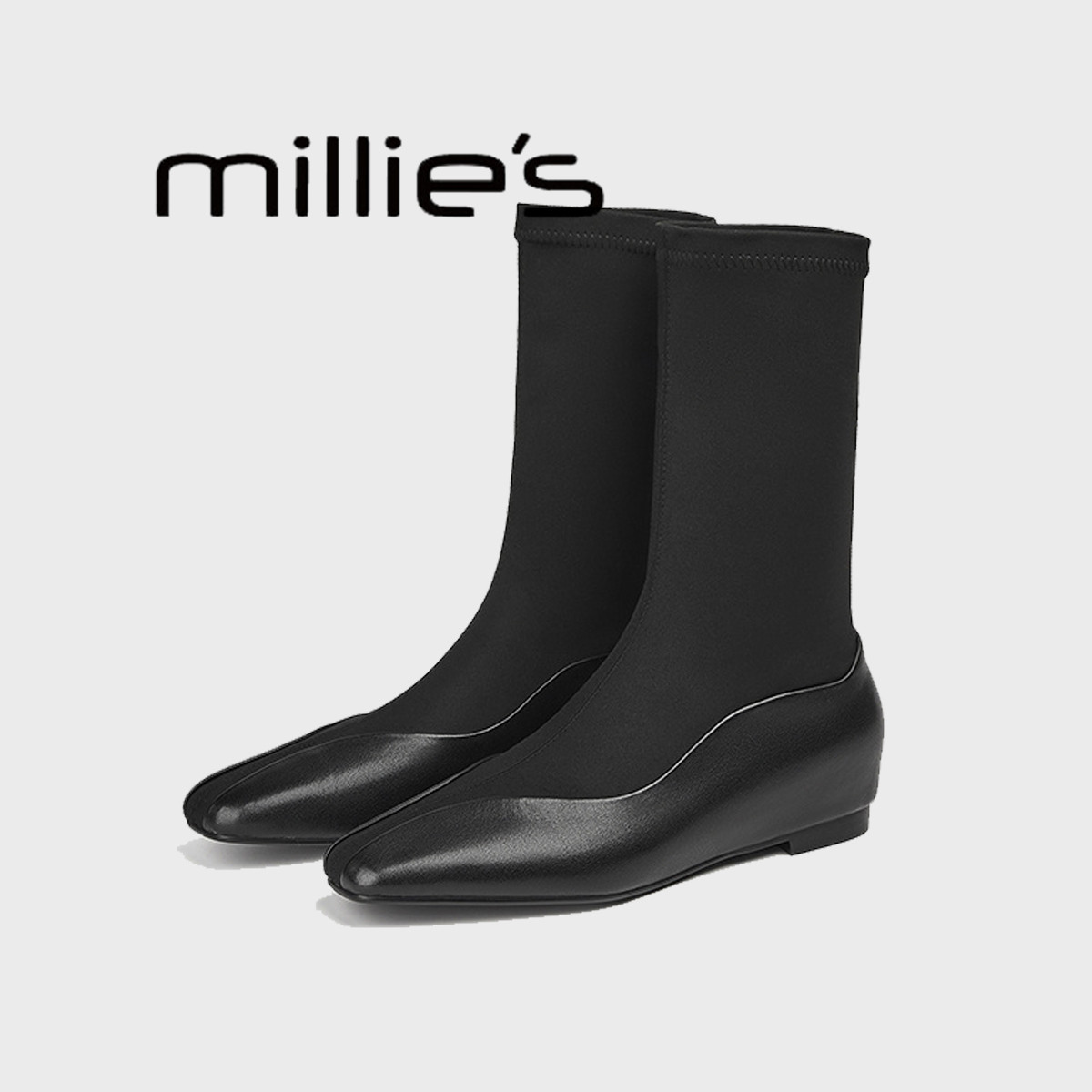MILLIE'S/妙丽牛皮方头弹力黑色瘦瘦靴冬季平底长靴拼接袜靴裸靴,女鞋,弹力靴/袜靴,淘宝优惠券,粉丝福利购,淘宝优惠卷