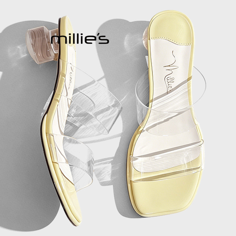 MILLIE'S/妙丽透明一字带高跟凉鞋女2026夏粗跟绝美高级感配裙子Z