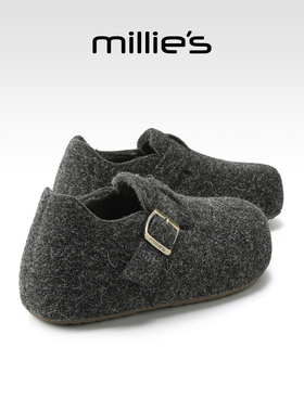MILLIE'S/妙丽百搭小众毛绒勃肯鞋女加绒保暖扣带灰色毛毛鞋Z