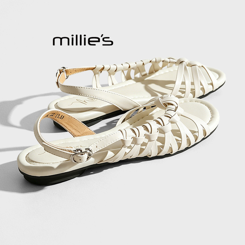 MILLIE'S/妙丽法式复古编织一字扣带凉鞋2026夏季款罗马露趾女鞋Z