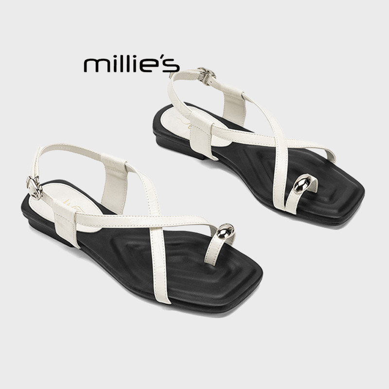 MILLIE'S/妙丽一字带沙滩罗马凉鞋女夏款法式气质金属扣套趾拖鞋Z