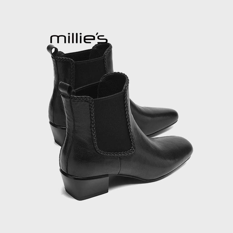 MILLIE'S/妙丽真皮短靴女2026新款秋冬粗跟高跟鞋英伦风切尔西靴Z