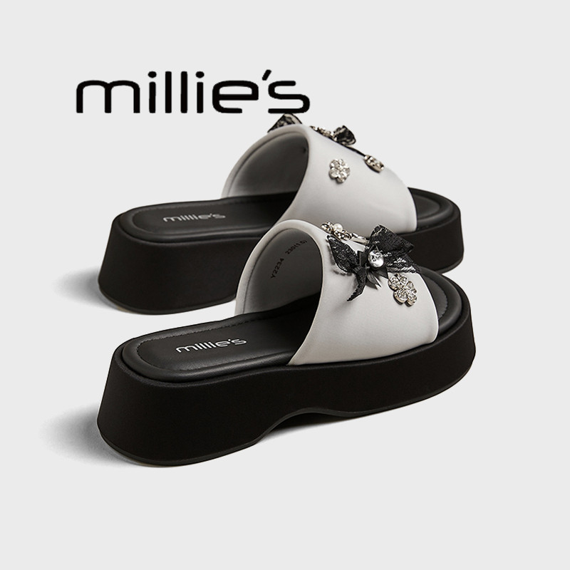 MILLIE'S/妙丽夏季新款绸缎水钻高跟露趾厚底增高一字拖鞋女凉拖,女鞋,一字拖,淘宝优惠券,粉丝福利购,淘宝优惠卷