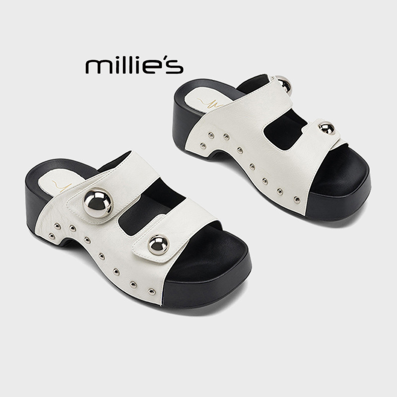 MILLIE'S/妙丽露趾一字拖鞋女2026夏季款增高百搭双扣带外穿凉拖Z