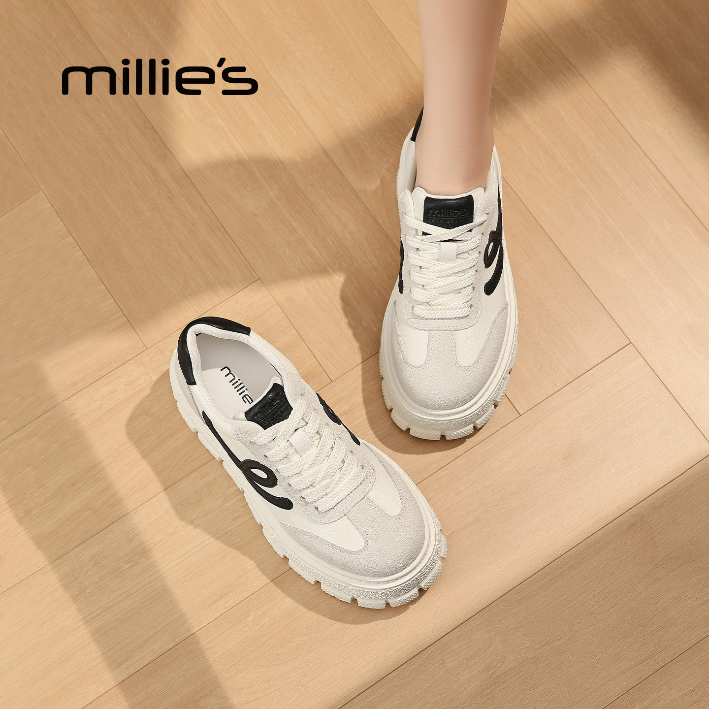 MILLIE'S/妙丽真皮厚底老爹鞋女