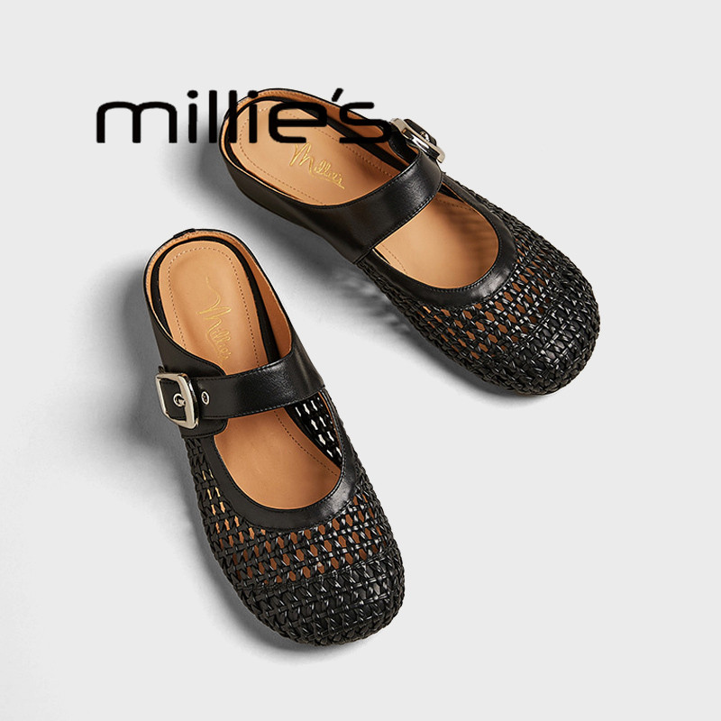 MILLIE'S/妙丽银色编织包头拖鞋
