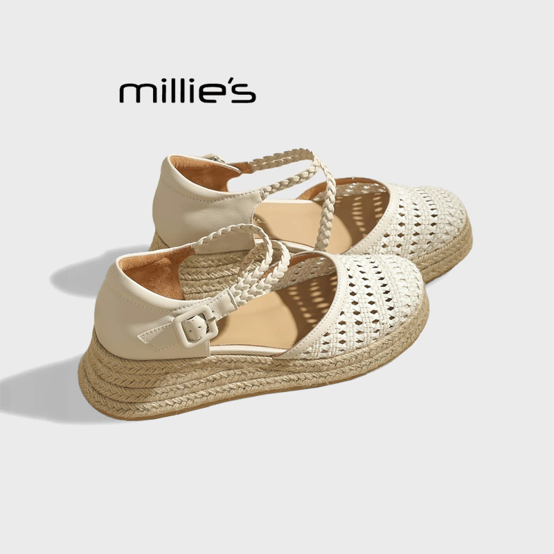 MILLIE'S/妙丽2025新款包头凉鞋女夏季外穿配裙子绝美草编厚底鞋