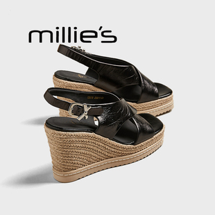 夏厚底草编一字交叉带露趾坡跟凉鞋 MILLIE 女新款 妙丽高跟凉鞋