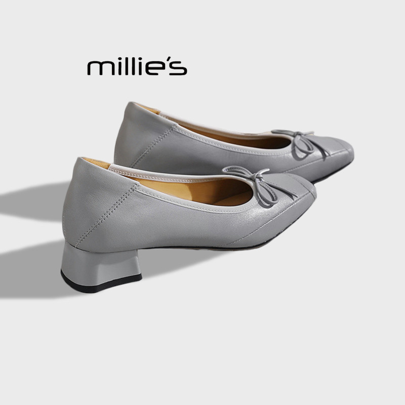 MILLIE'S/妙丽玛丽珍鞋女2026春款方头粗跟蝴蝶结单鞋浅口工作鞋
