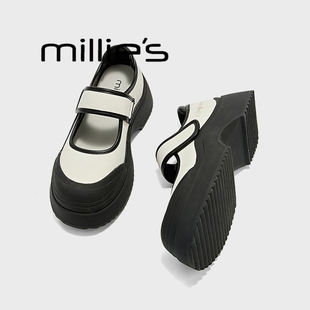 妙丽小香风真皮玛丽珍鞋女魔术贴黑色2026新款夏季女款休闲鞋子