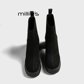 妙丽2026新款 MILLIE 黑色高跟瘦瘦靴女百搭短靴防水台雪地靴Z