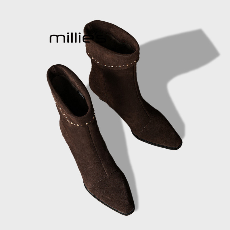 MILLIE'S/妙丽复古美拉德粗跟裤管靴女秋冬显瘦增高骑士中筒短靴Q,女鞋,时装靴,淘宝优惠券,粉丝福利购,淘宝优惠卷