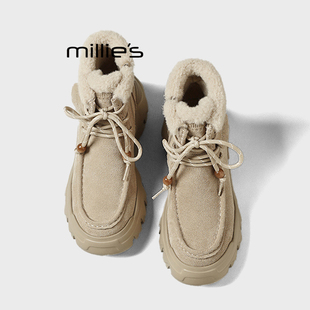 女毛绒雪地靴系带短靴防水雨鞋 妙丽杏色厚底加绒勃肯鞋 MILLIE