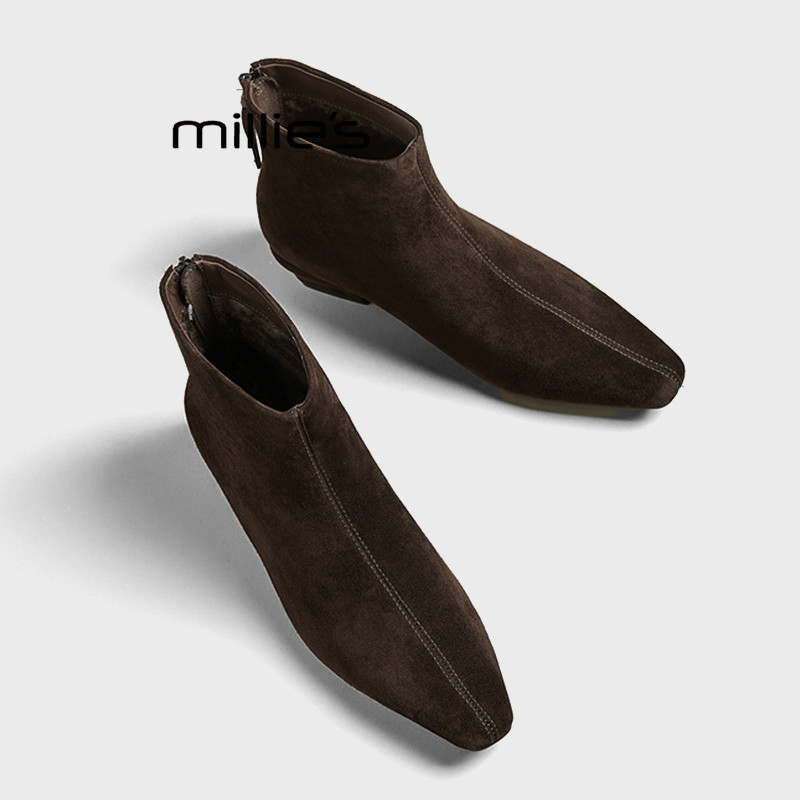 MILLIE'S/妙丽绒面方头坡跟短靴女冬复古瘦瘦靴百搭切尔西靴踝靴Q