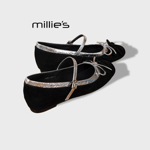 MILLIE'S/妙丽一字带优雅玛丽珍鞋女内增高软底浅口蝴蝶结单鞋夏
