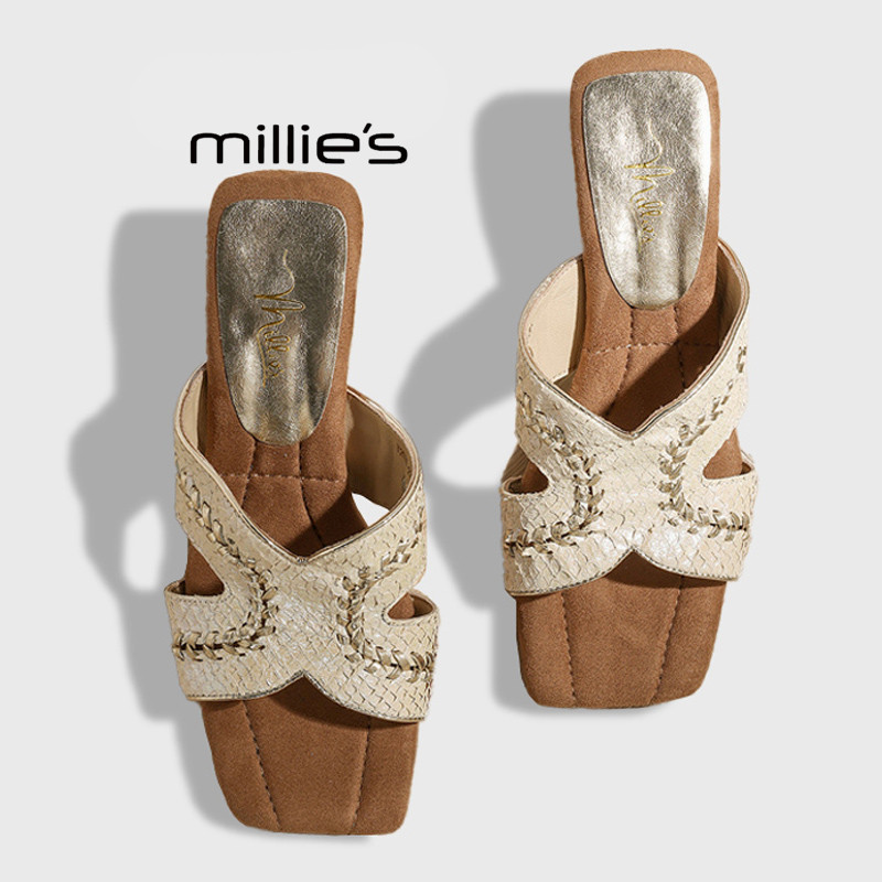 MILLIE'S/妙丽2026夏季鱼皮坡跟凉拖鞋女时尚外穿一字拖高跟凉鞋Z