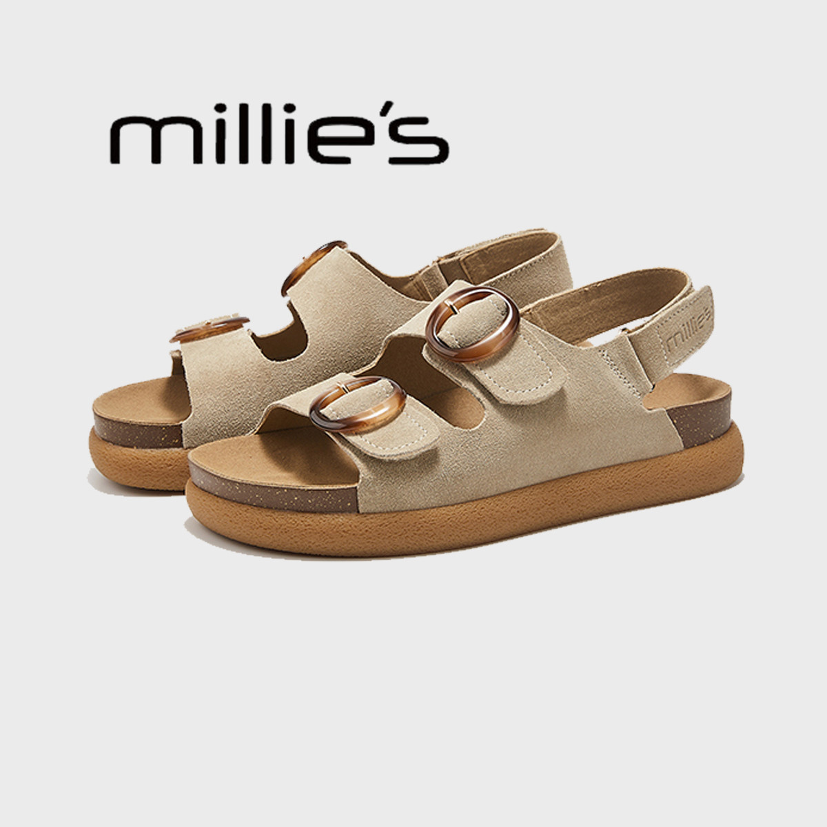 妙丽真皮厚底勃肯凉鞋女夏季新款罗马鞋魔术贴百搭休闲运动沙滩鞋,女鞋,休闲凉鞋,淘宝优惠券,粉丝福利购,淘宝优惠卷