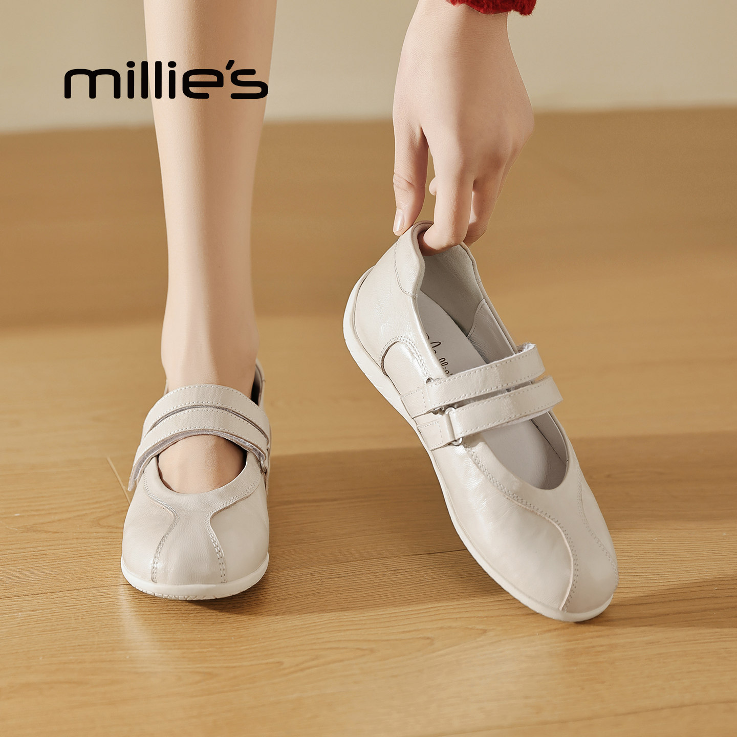MILLIE'S/妙丽复古玛丽珍鞋女魔术贴平底浅口小白鞋芭蕾单鞋Z,女鞋,时尚芭蕾鞋,淘宝优惠券,粉丝福利购,淘宝优惠卷