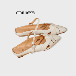 MILLIE'S/妙丽包头半拖鞋夏季外穿法式编织拖鞋女超软小羊皮凉鞋