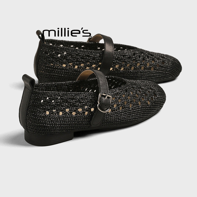 MILLIE'S/妙丽浅口玛丽珍鞋女夏镂空透气编织单鞋软底配裙子凉鞋Z