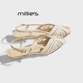 女透气网纱温柔仙女风单鞋 MILLIE 女 时尚 真皮包头凉鞋 妙丽法式