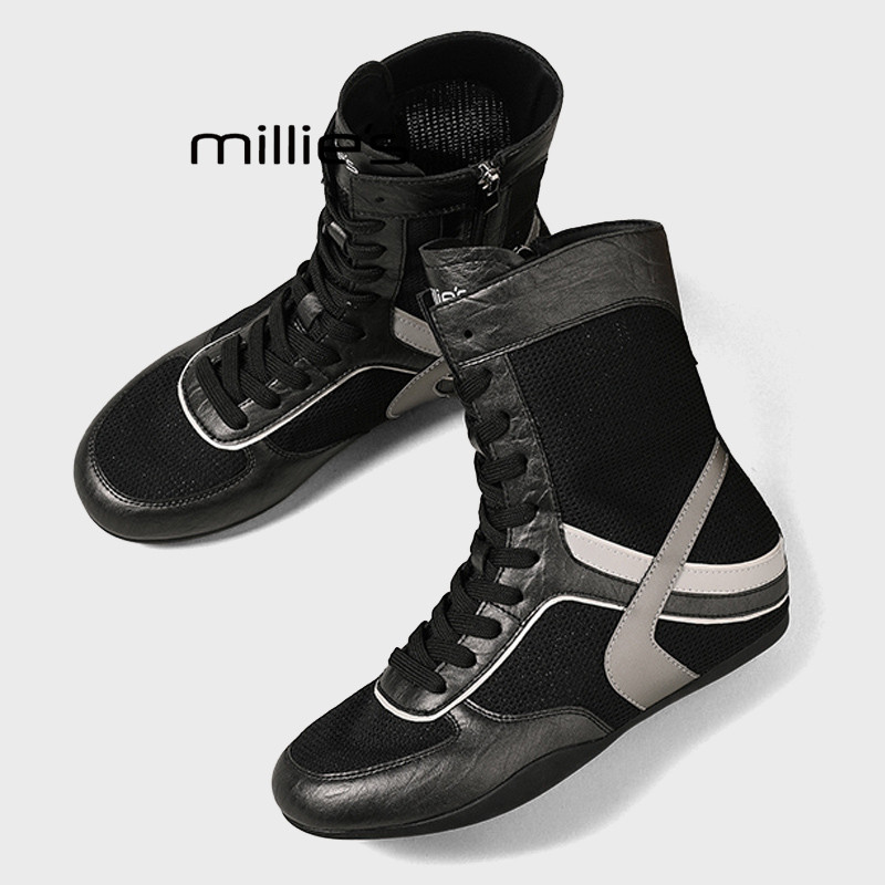 MILLIE'S/妙丽时尚黑色高帮马丁靴女内增高系带短靴透气休闲靴子Z