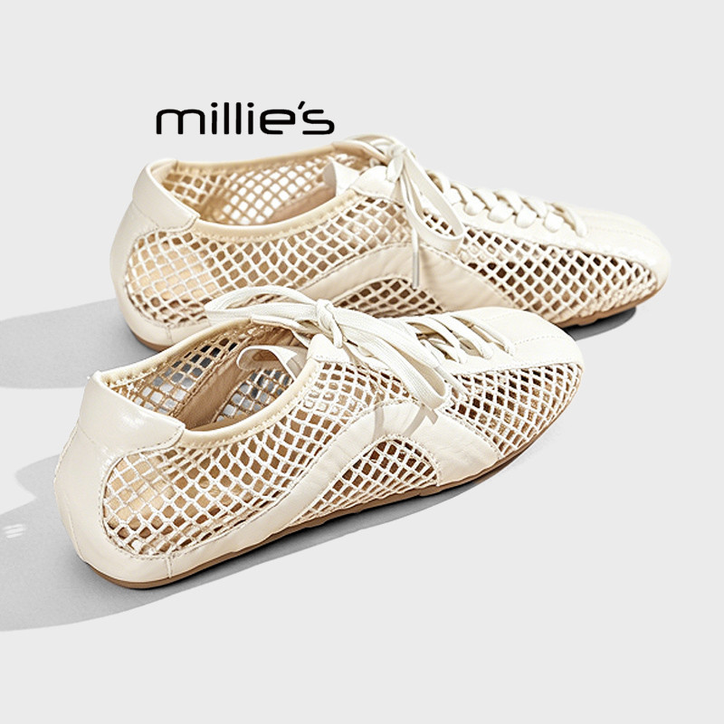 MILLIE'S/妙丽真皮网眼拼接运动鞋女一脚蹬薄底系带休闲德训鞋夏Z