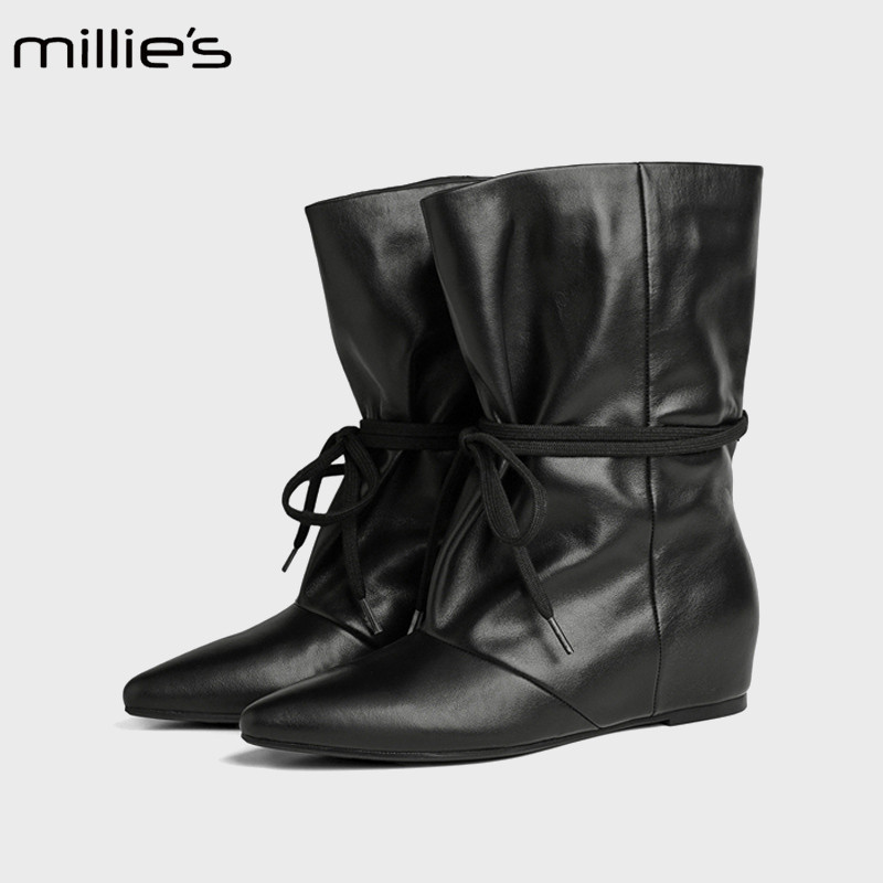 MILLIE'S/妙丽真皮尖头堆堆靴女绑带内增高中筒骑士靴百搭时装靴k