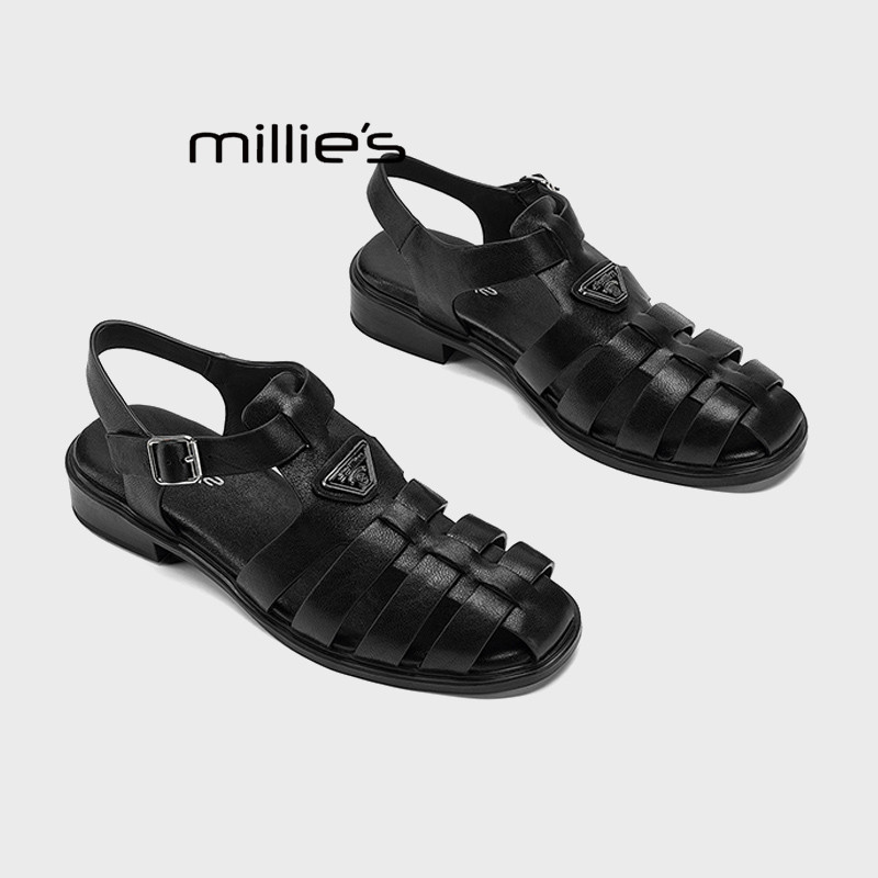 MILLIE'S/妙丽2026夏季款编织包头厚底凉鞋女复古镂空外穿罗马鞋Z