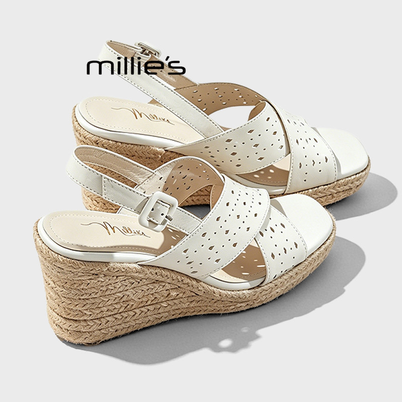 MILLIE'S/妙丽露趾交叉带坡跟凉鞋女夏2026法式不累脚绝美高跟鞋Z