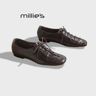 英伦风小皮鞋 妙丽复古气质系带单鞋 方头平底鞋 女鱼骨鞋 MILLIE